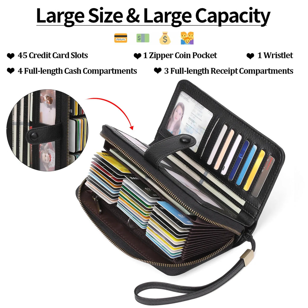 Women's expanding long wallet in PU leather with RFID anti-theft protection, shown in a light brown colour.