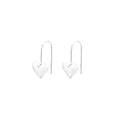 Close-up of glossy silver three-dimensional heart-shaped earrings on a white background.