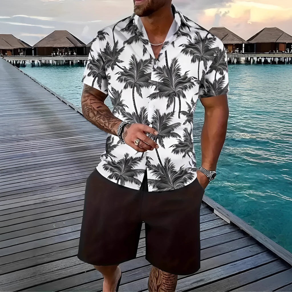 Man wearing a 3D printed Hawaiian pattern short sleeve shirt and matching shorts casual suit set.
