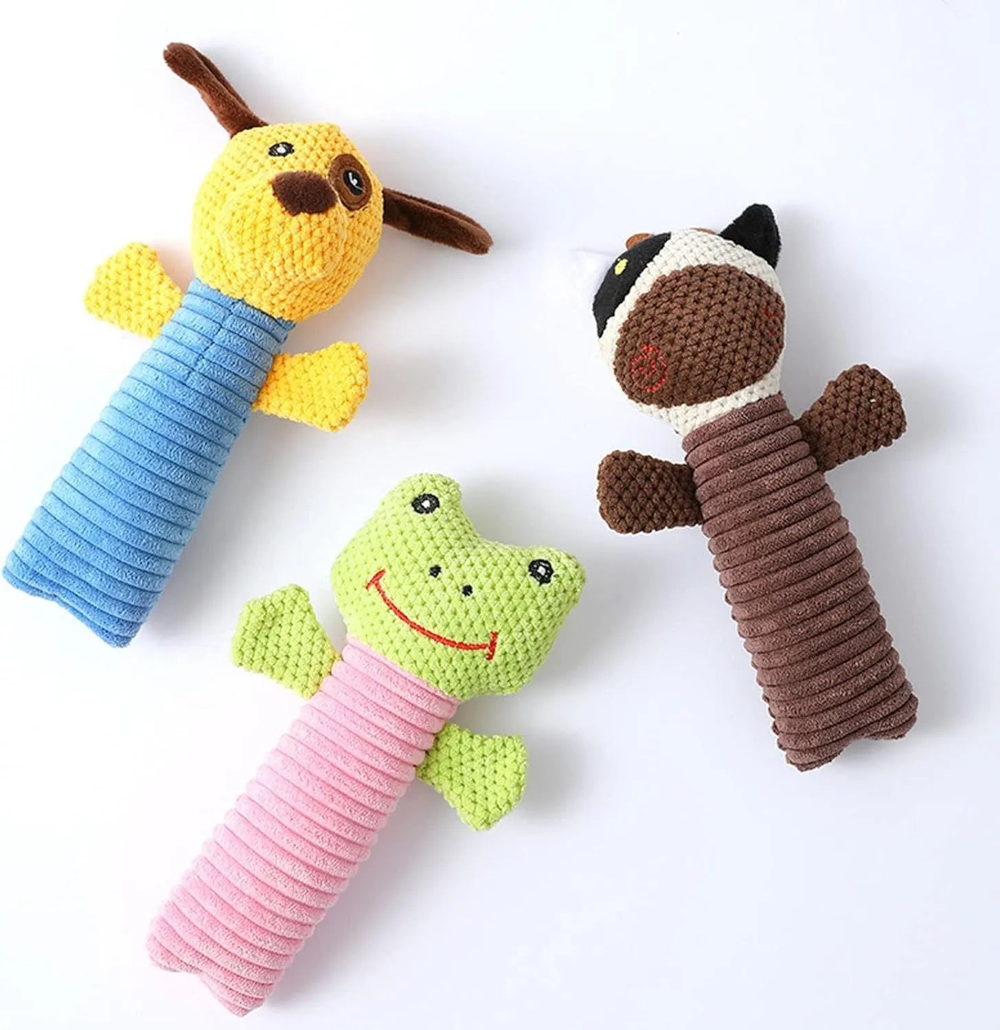 Dog squeaky toy stuffed animal dental chew toy in calves, frogs or puppies design