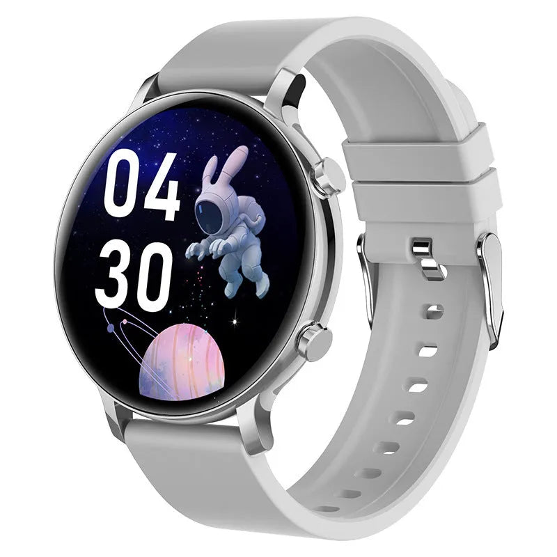Bluetooth smartwatch with stainless steel strap showing call screen and health stats