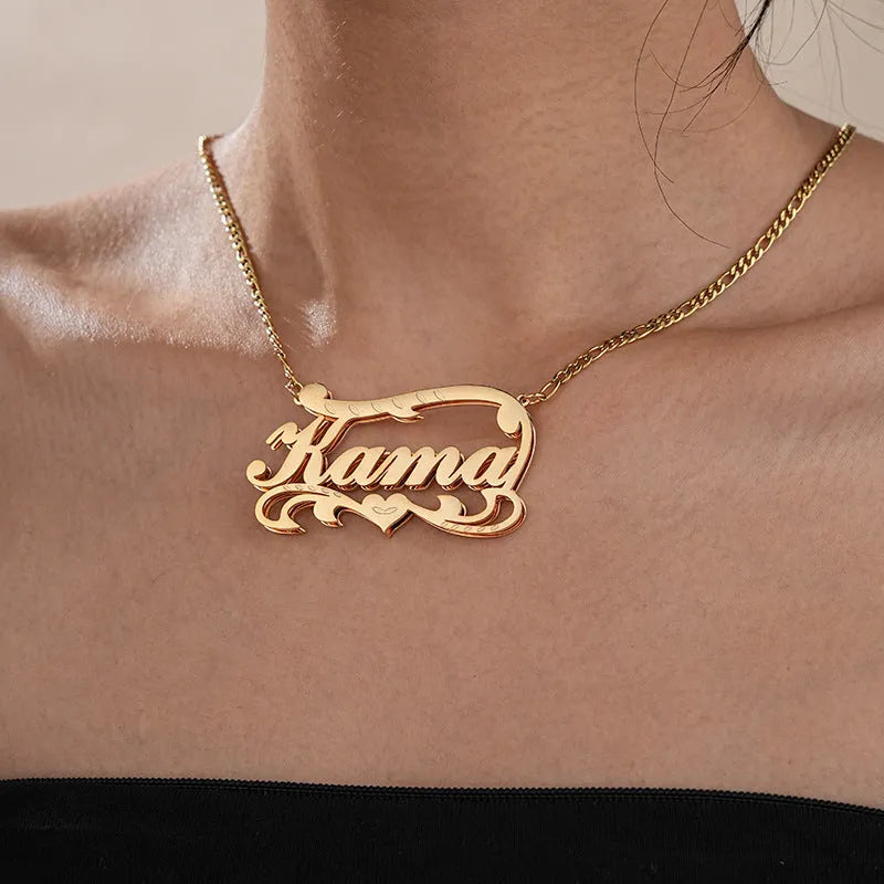Customised double-layer wave heart necklace in stainless steel with gold finish