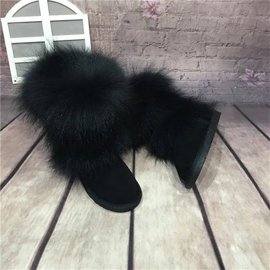Women's winter mid-calf fox fur snow boots with flat heel in black original fur colour
