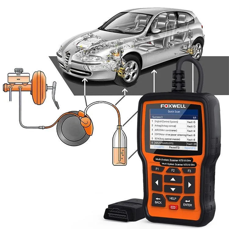 Foxwell NT510 orange and black automotive diagnostic tool with OBD2 scanner and TFT colour screen display