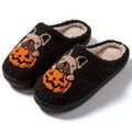 Halloween pumpkin patterned house slippers with plush velvet cotton upper and non-slip TPR rubber soles