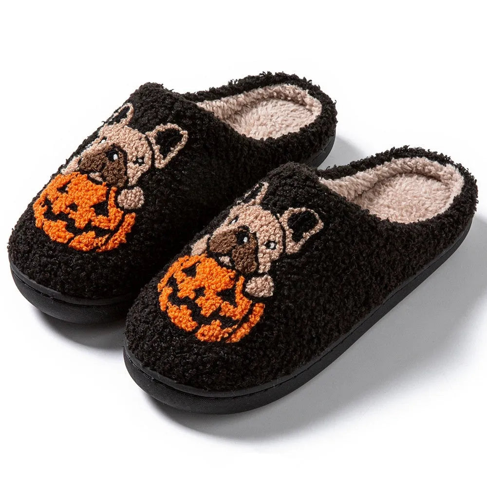 Halloween pumpkin patterned house slippers with plush velvet cotton upper and non-slip TPR rubber soles