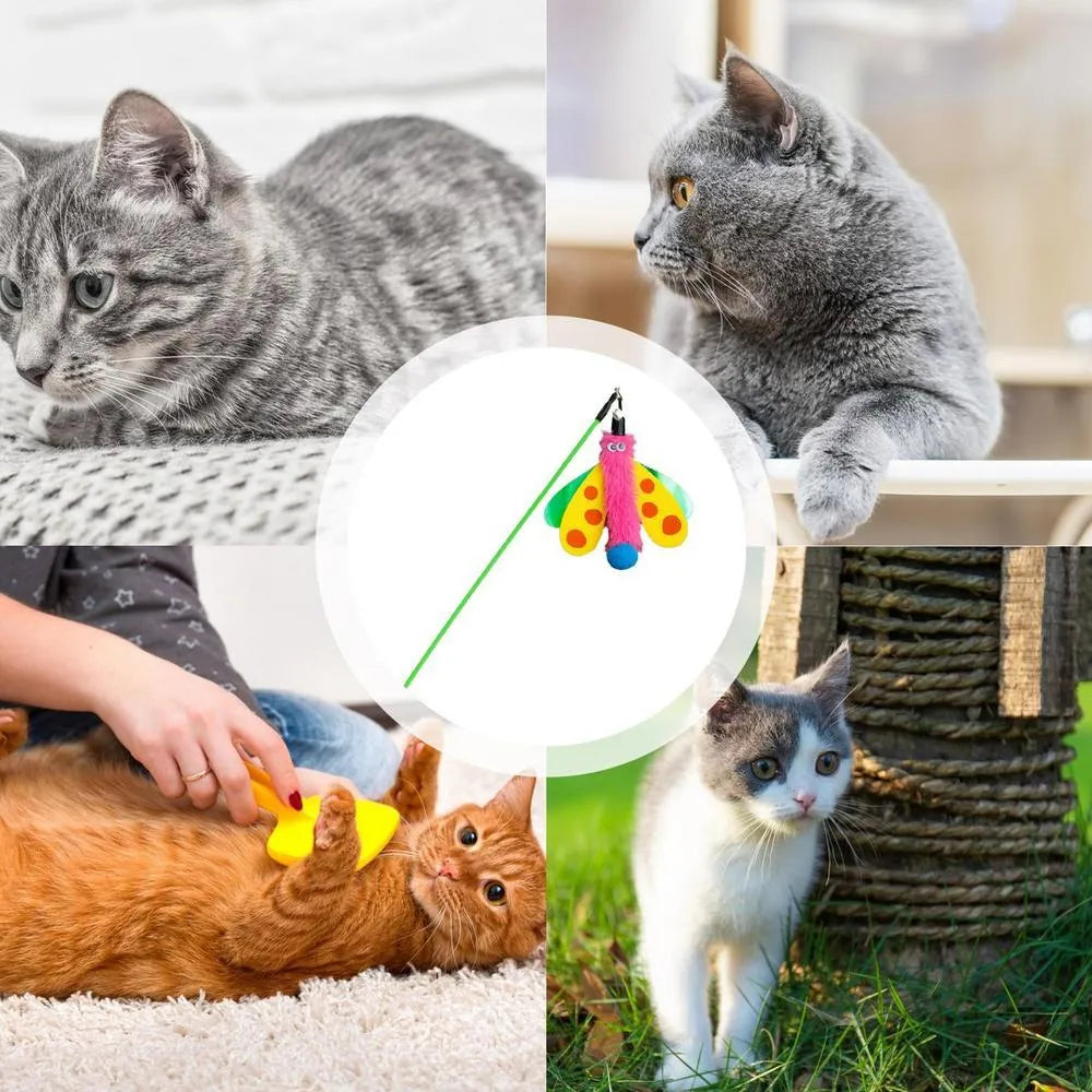 Cat wand toy with 49cm ABS stick, colourful dragonfly lure, and small bell for indoor cat interactive play