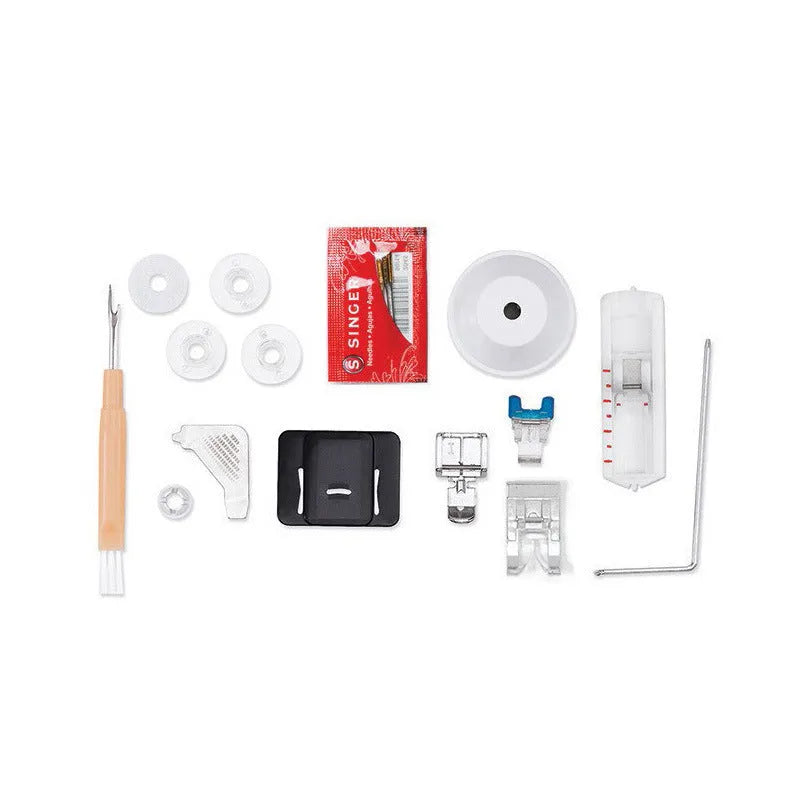 Portable household sewing machine M2405 on a table, compact design, 47x39x26cm, for thick fabric sewing