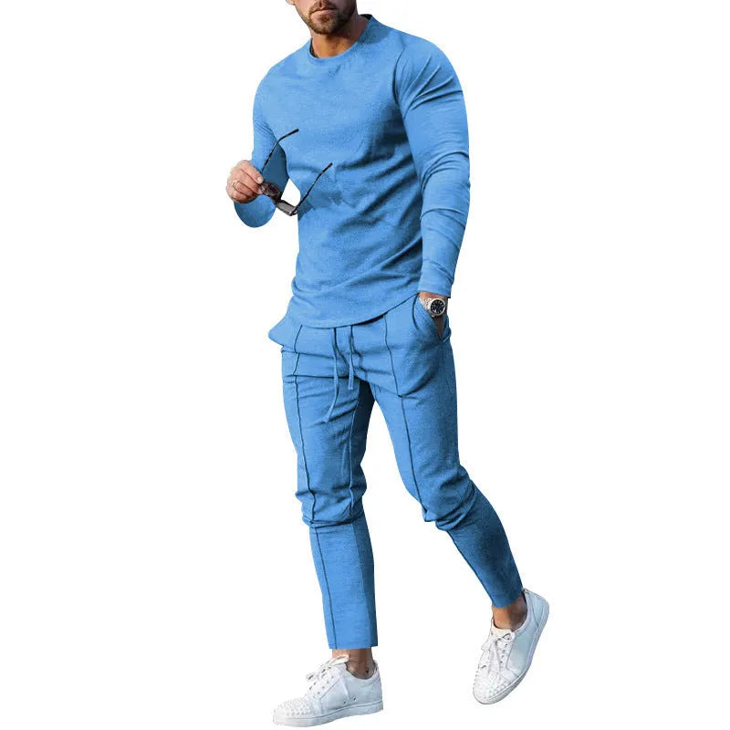 Men's light grey round neck long sleeve T-shirt and matching trousers two-piece polyester suit set.