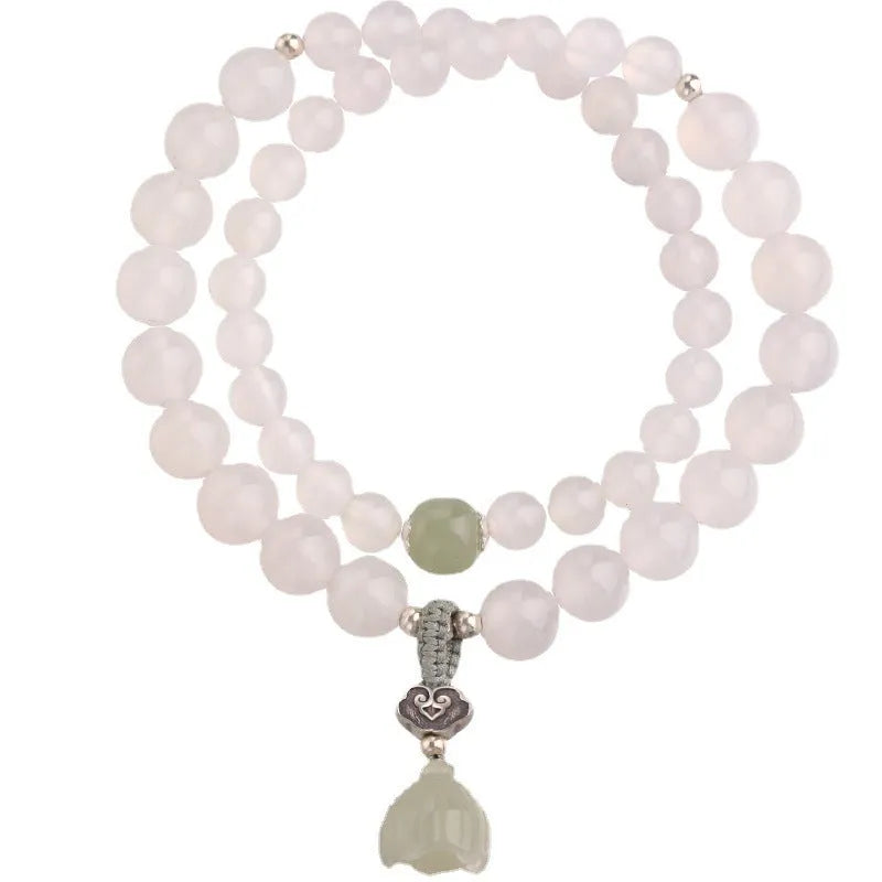 Women's S925 silver white agate Hetian jade bracelet national style geometric lotus design