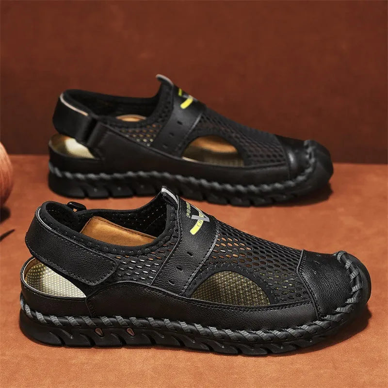Men's mesh breathable hollow shoes in black genuine leather with rubber sole, low-top design