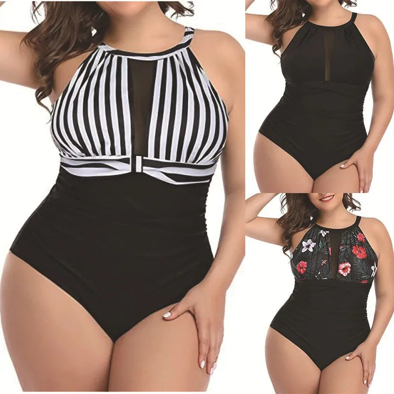 Women's black, striped, and red floral one-piece swimsuit in extended sizes L to 4XL.
