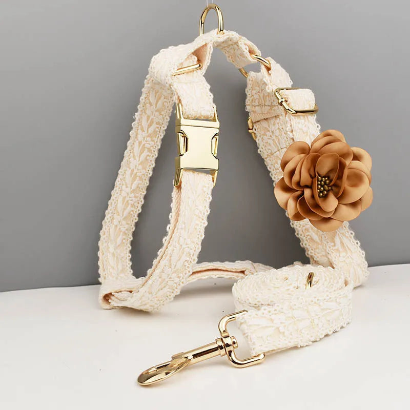 Polyester pet vest collar set with lace and lettering for dogs, including collar, leash, vest, and flower