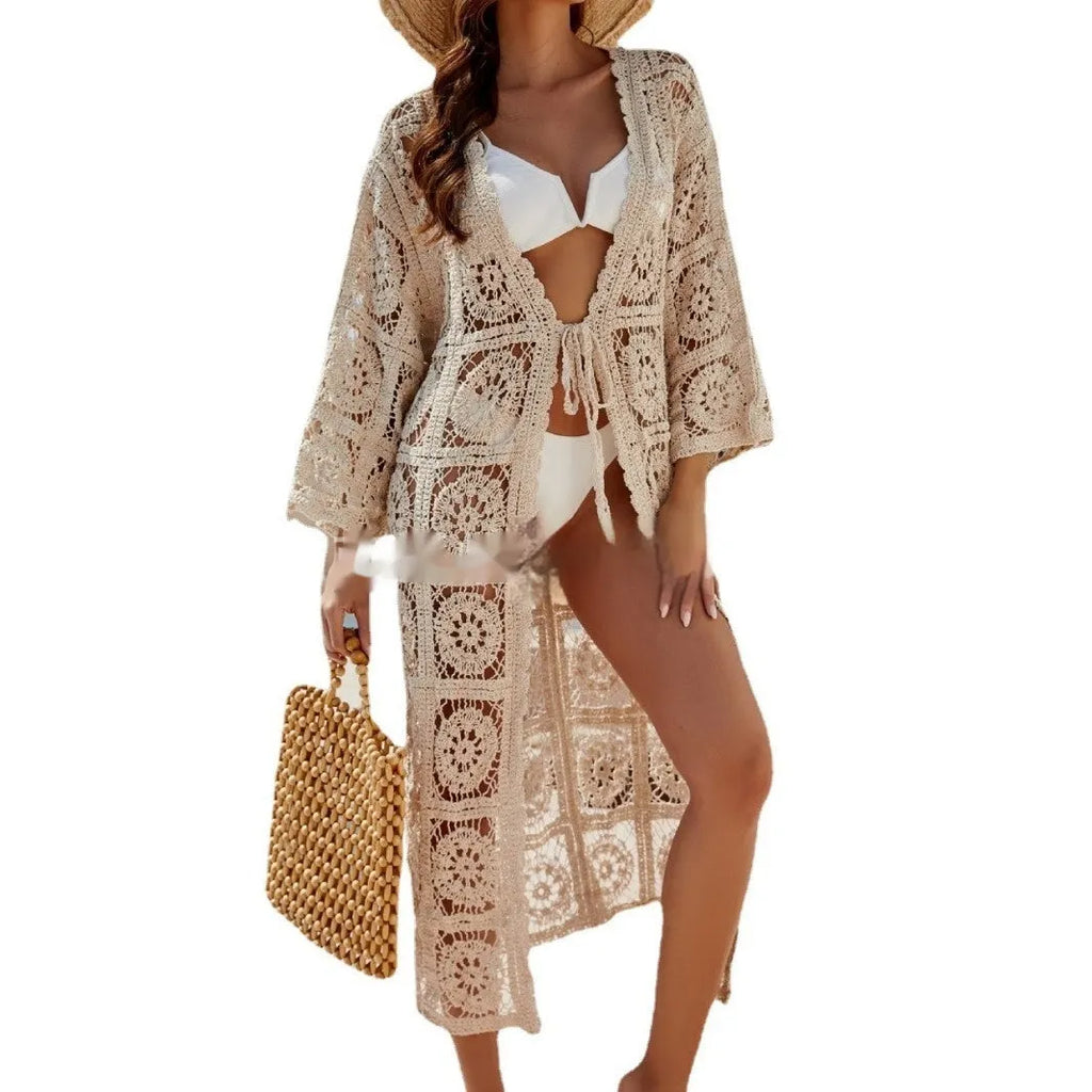Loose embroidered apricot cotton long sleeve sun protection shirt for women beach cover-up free size