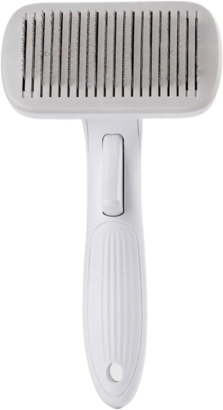 Automatic pet hair removal comb for dogs and cats showing one-click operation mechanism