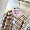 Pink wool knitted cardigan sweater with napped texture, shown as both an open cardigan and a round-neck pullover.