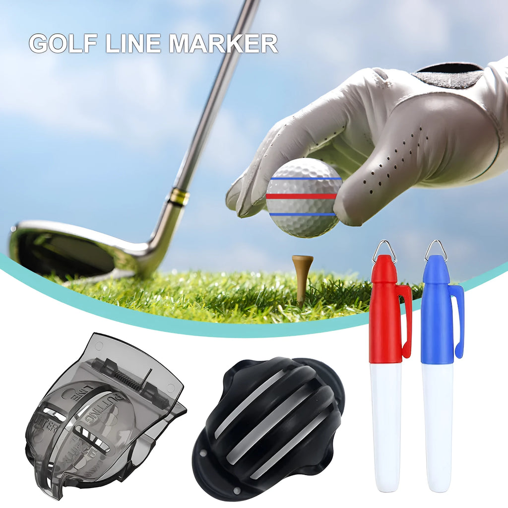 Golf ball line drawing supplies kit with pen package, two alignment tools and markers, clip attached to golf bag