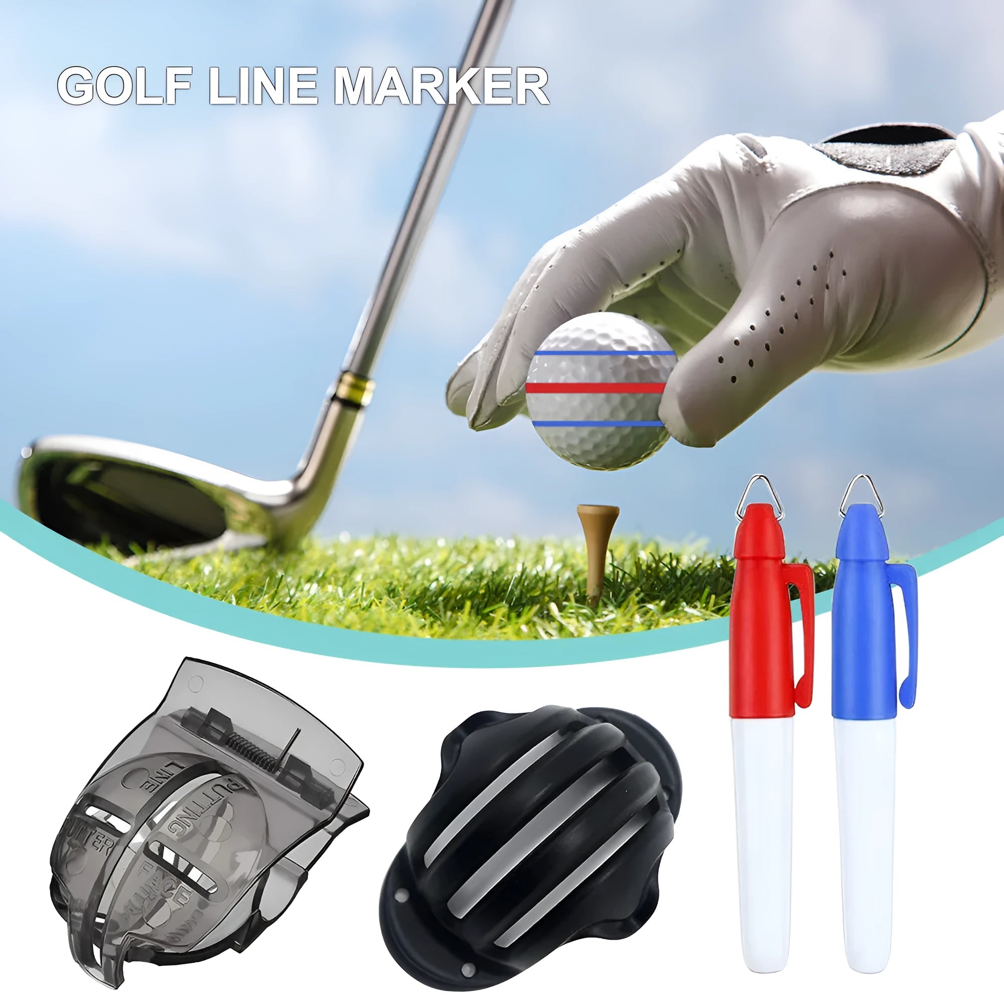 Golf ball line drawing supplies kit with pen package, two alignment tools and markers, clip attached to golf bag