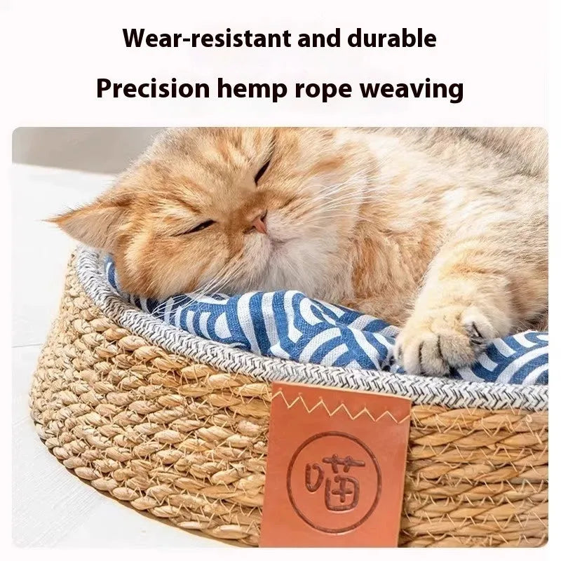 Natural rattan cat bed showing woven construction and open design for ventilation