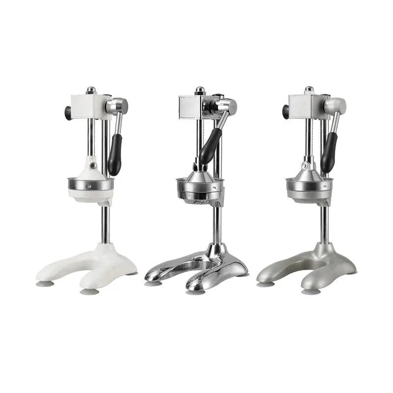 Vertical stainless steel manual citrus juicer with zinc alloy components in multiple colour options
