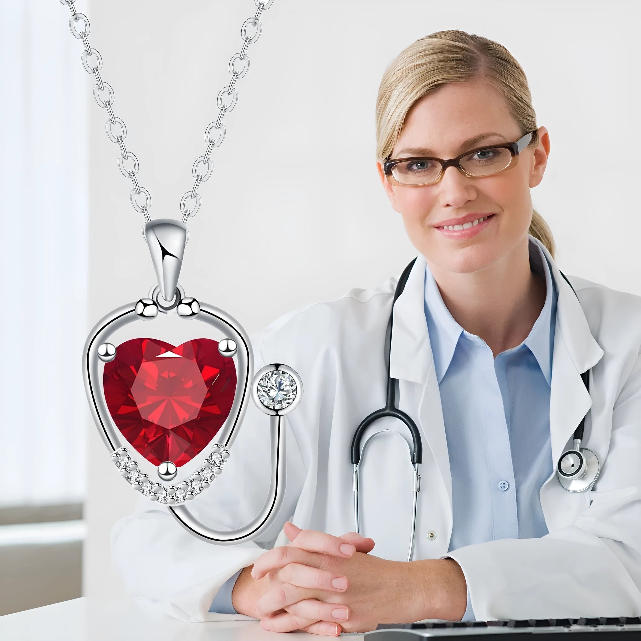 Women's red diamond stethoscope necklace with electroplated copper construction