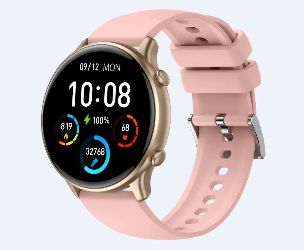 Smart sports watch with round full touch screen, silicone strap, and heart rate monitor display