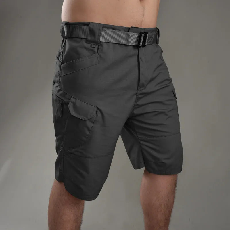 IX7 tactical shorts in khaki cotton blend fabric, wear-resistant for hiking camping spring outdoor work, button model closure