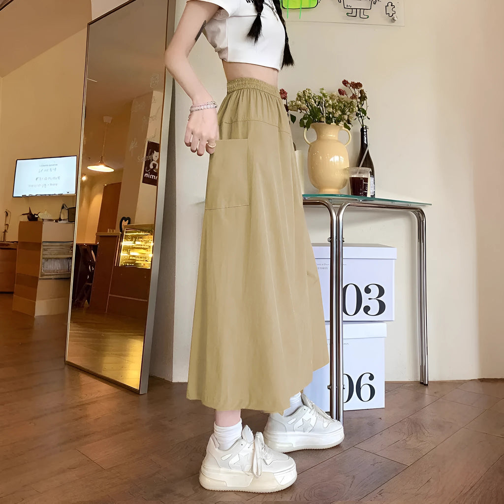Women's casual wide leg skirt in camel with elastic waist and quilting detail, cropped length