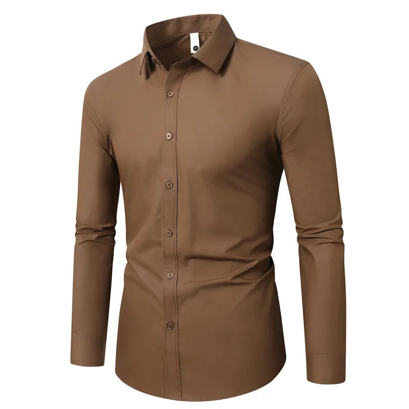 Men's loose-fit long-sleeve linen shirt on a hanger, shown in a light grey colour.