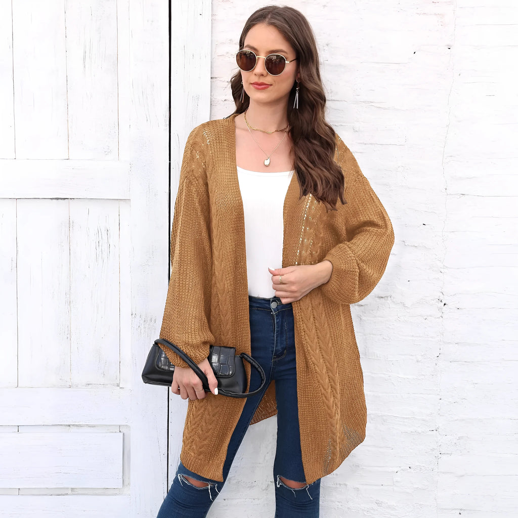 Women's loose fit brown acrylic sweater coat, open front cardigan style on hanger