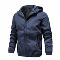 Men's solid colour nylon trench coat in light gray, black, and dark blue, sizes M to 5XL, front view