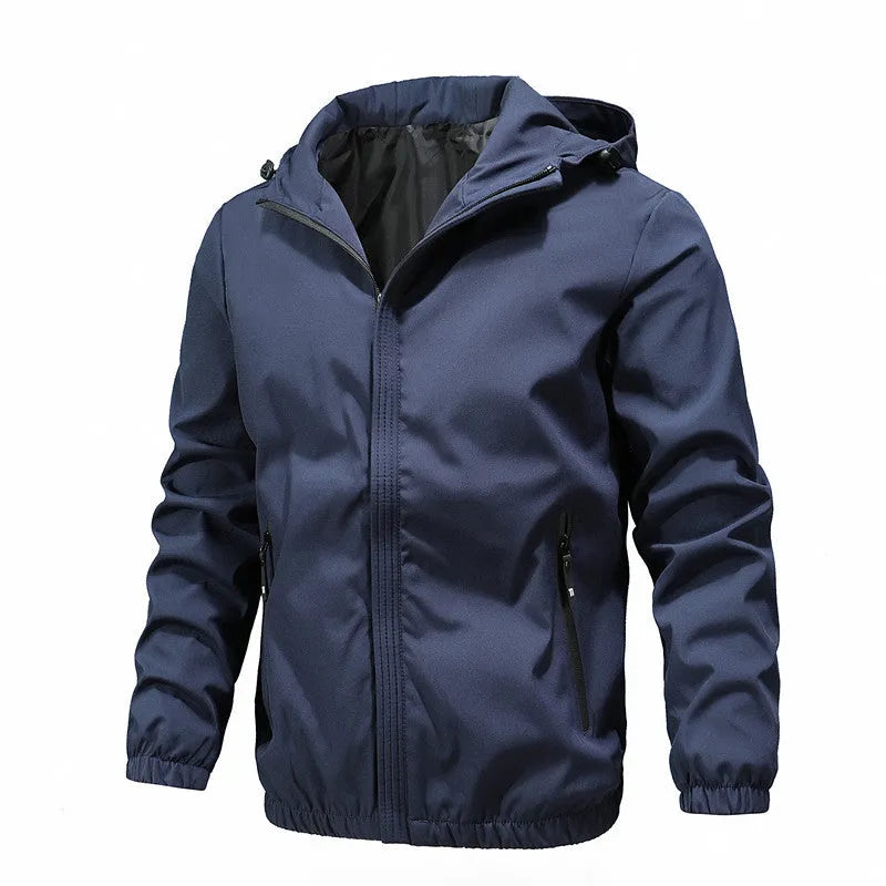 Men's solid colour nylon trench coat in light gray, black, and dark blue, sizes M to 5XL, front view