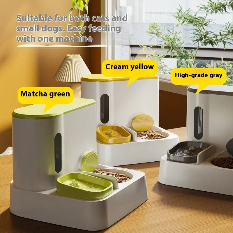 Grey automatic cat feeder with integrated water dispenser and stainless steel bowls