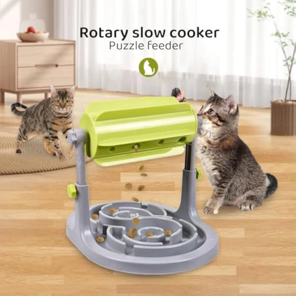 Adjustable height interactive slow feeder bowl puzzle toy for dogs and cats in blue green or pink