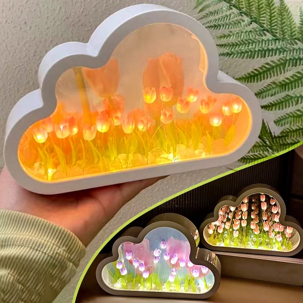 DIY tulip night lamp with cloud tulips, decorative mirror, and photo frame in pink LED mode