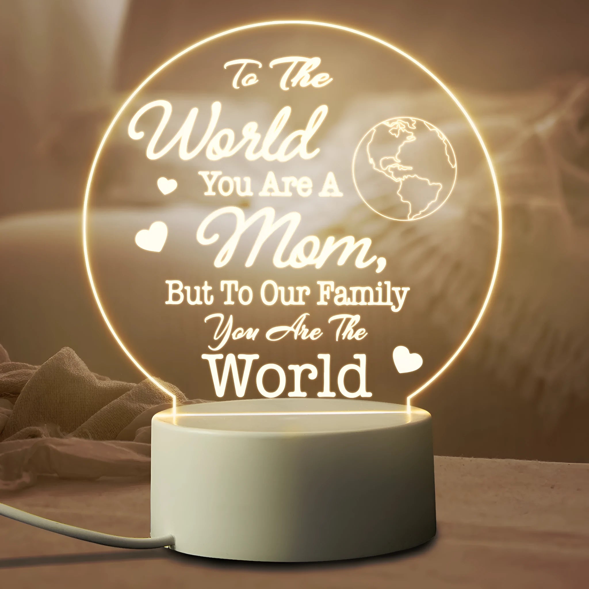 LED night light with acrylic shade on white base showing warm light for bedside decoration