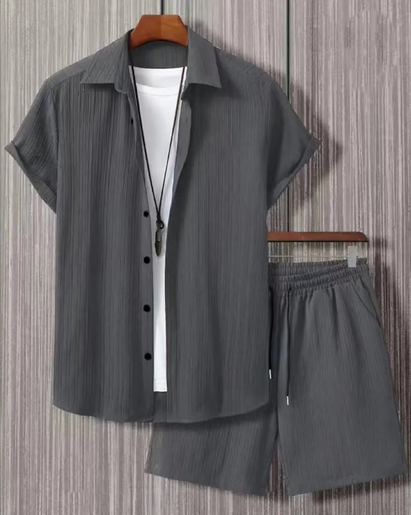 Men's jacquard patterned short-sleeve shirt and matching shorts suit set in a solid colour.