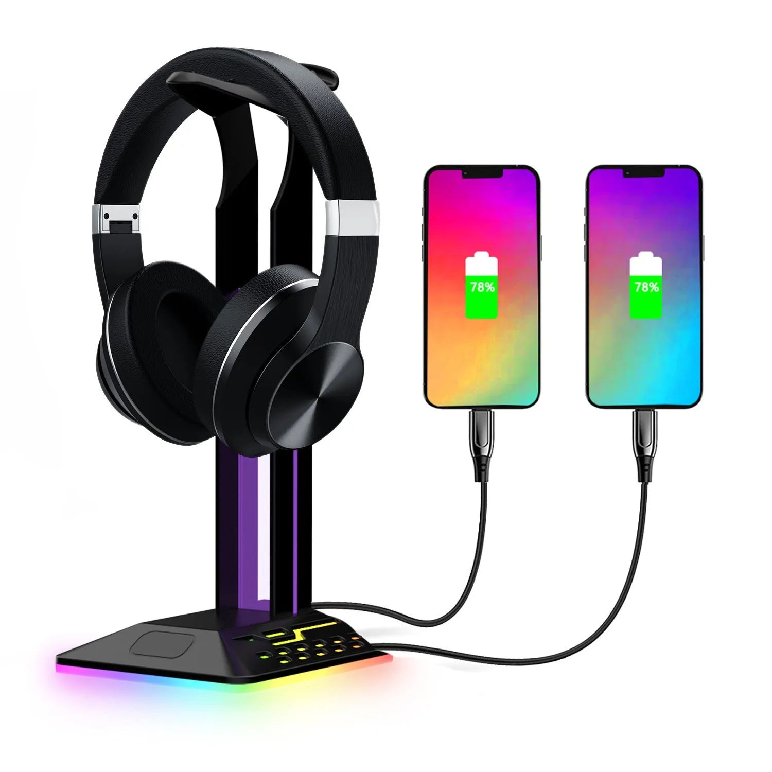 RGB colour changing headphone stand with dual USB ports on a desk next to a gaming headset.