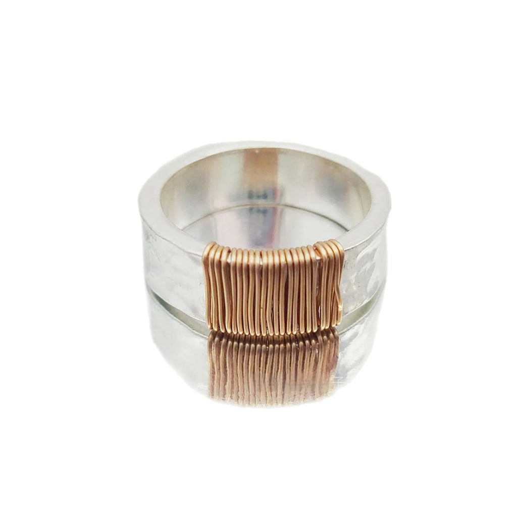 Copper vintage ring bracelet with irregular coil geometric design in silver golden electroplated finish