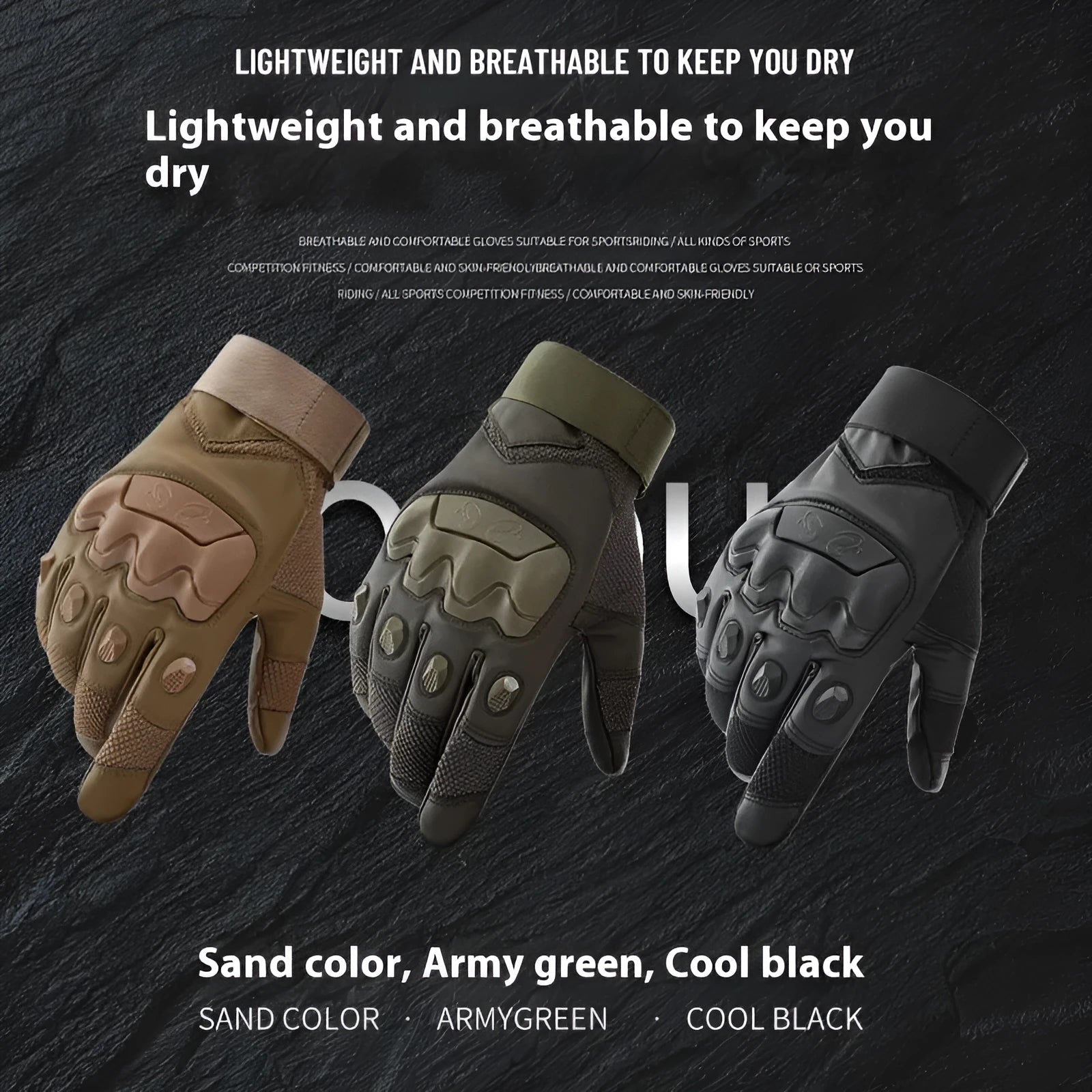 Men's black tactical gloves with touch screen fingertips showing full finger design
