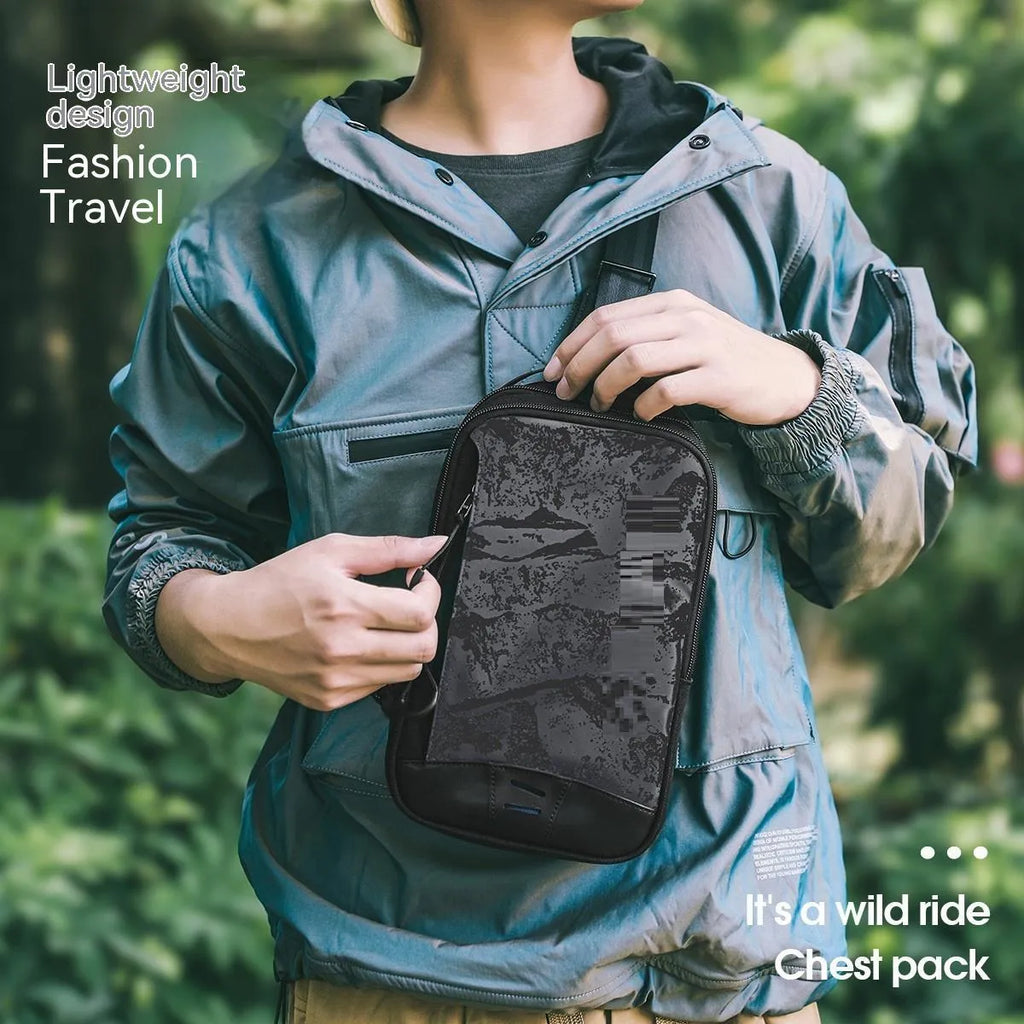 Casual black camouflage pattern chest pack with single shoulder strap and soft handle