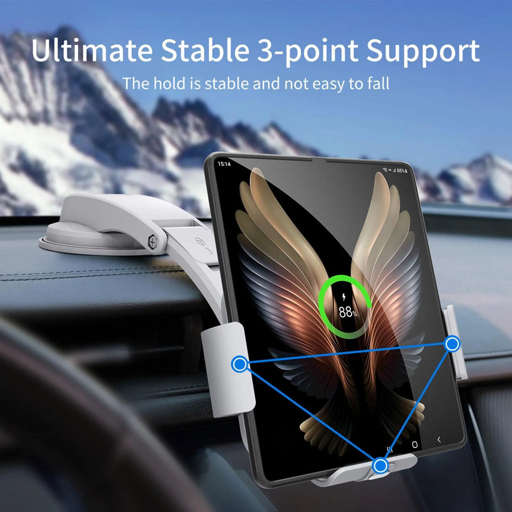 Wireless charging car phone holder with folding screen and multiple mounting accessories