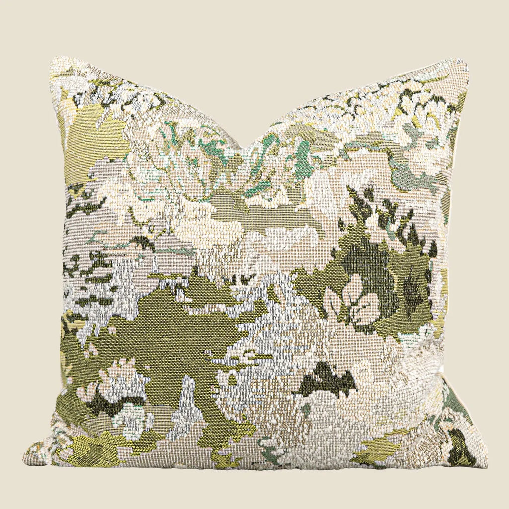Antique green wool blended cushion with abstract spring flowers pattern, shown in square and waist pillow sizes.