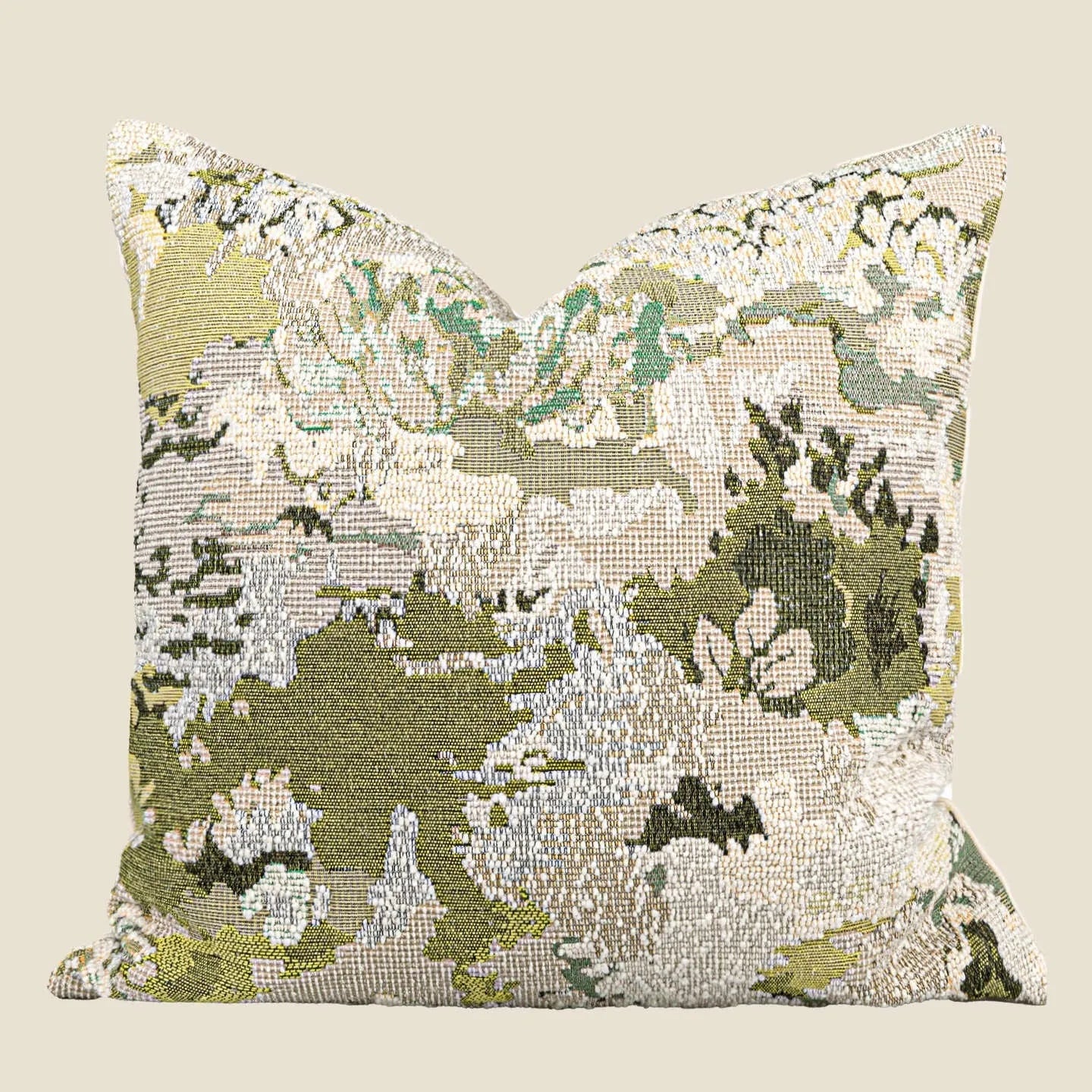 Antique green wool blended cushion with abstract spring flowers pattern, shown in square and waist pillow sizes.
