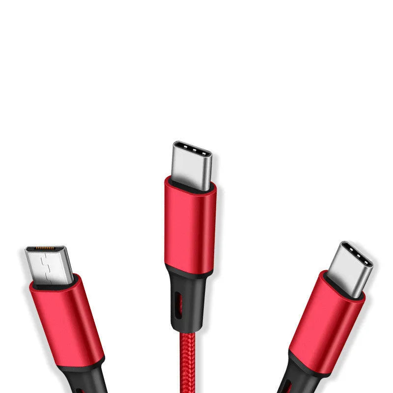 One for three charging cable data cable 1.2 metres TPE nylon braid red blue gold black silver