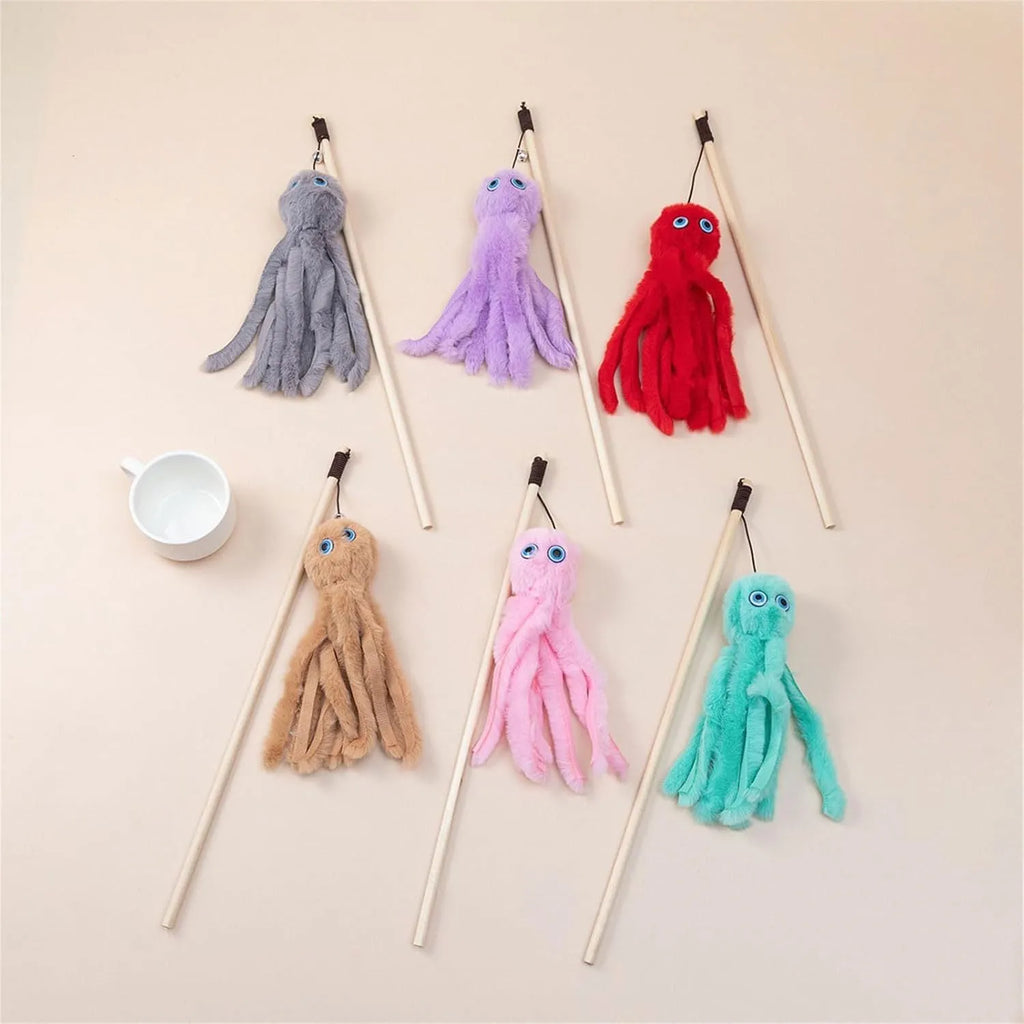 Octopus cat toy with long stick handle in bright colours for indoor kitten play