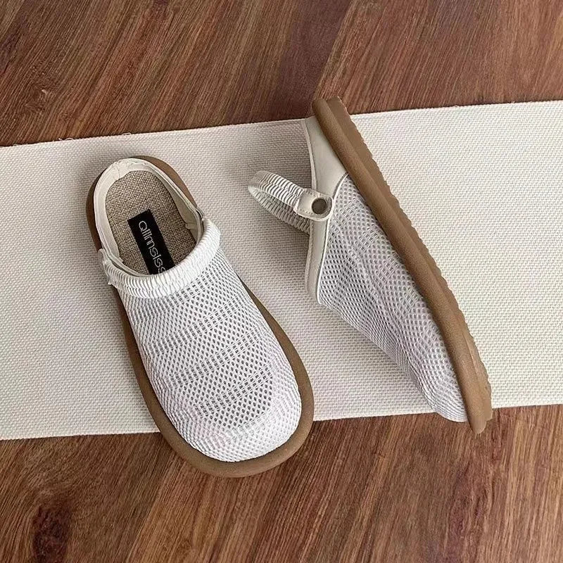 Soft bottom closed toe breathable mesh slip-on hole shoes in khaki with linen upper and rubber sole