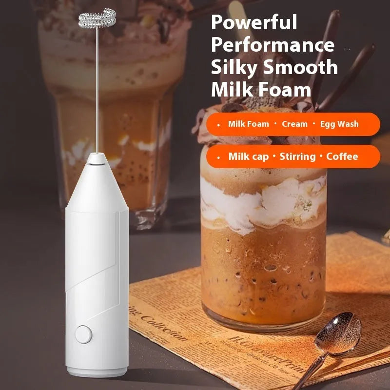 Mini handheld electric milk frother in black, white and khaki colours with USB charging cable