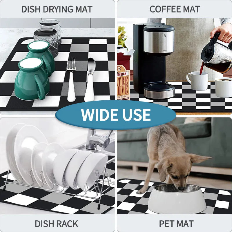 Super absorbent dish drying mat in black PU leather with non-slip rubber backing on a kitchen counter