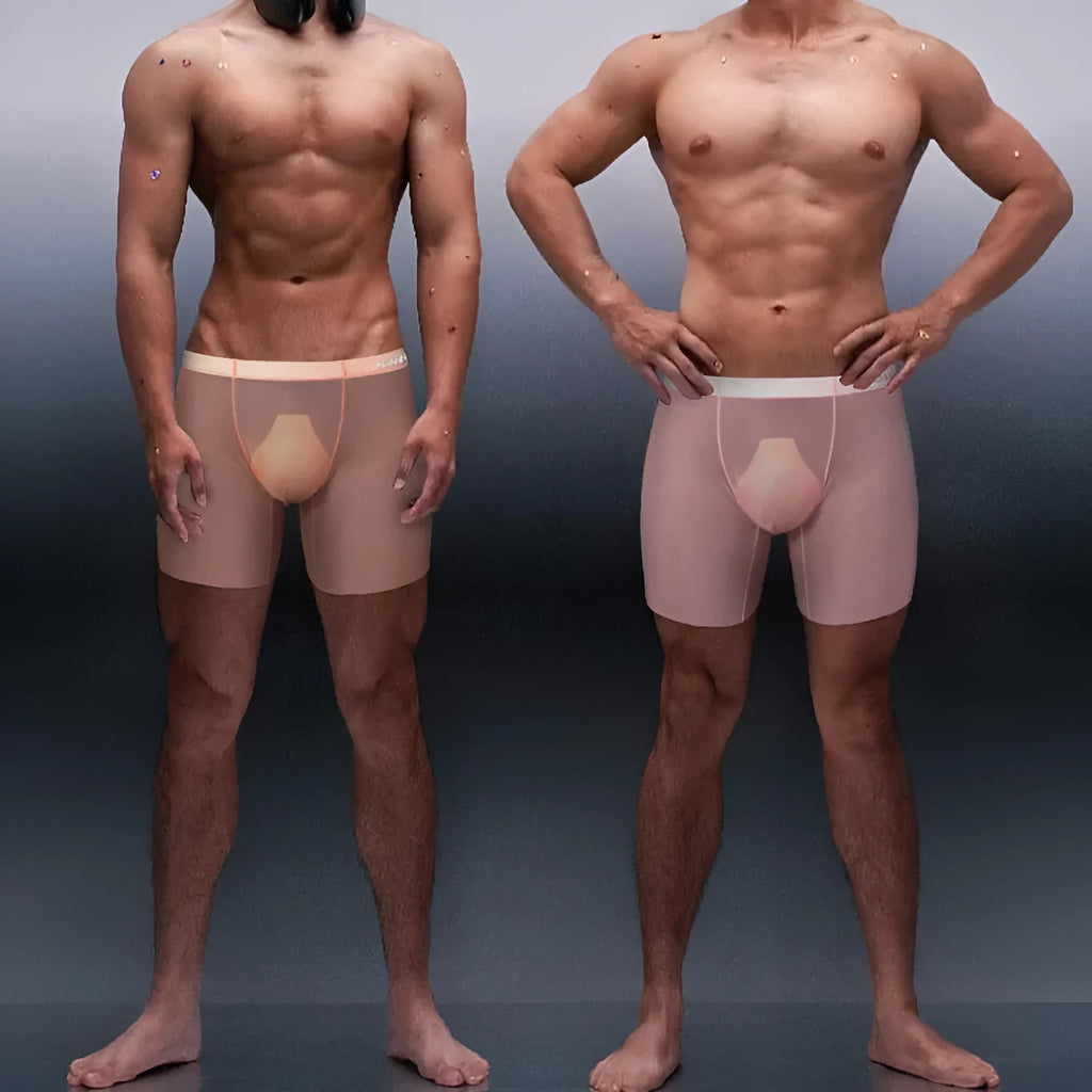 Orange seamless nylon sports boxer shorts for men on a plain background.